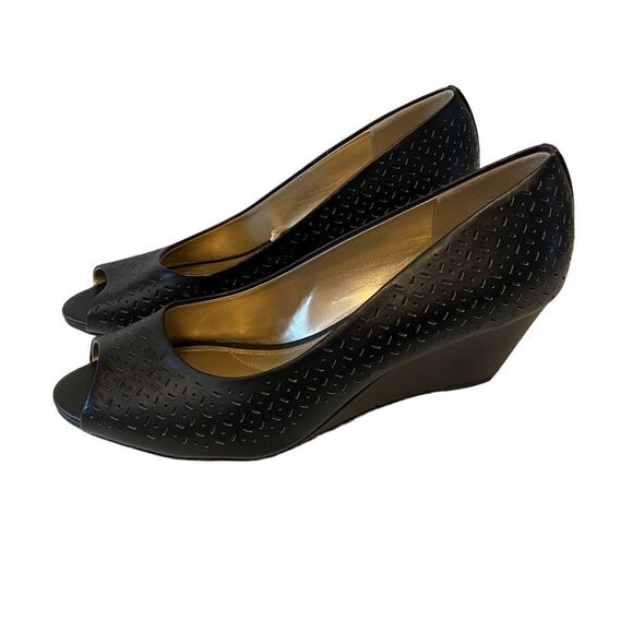 Comfort Plus Black Peep Toe Wedges Size 8.5W - Picture 2 of 5